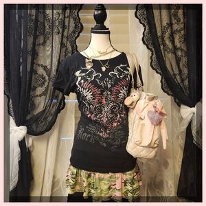 Y2k Pink Black Shirt with Graphic Design And Rhinestones Fitted